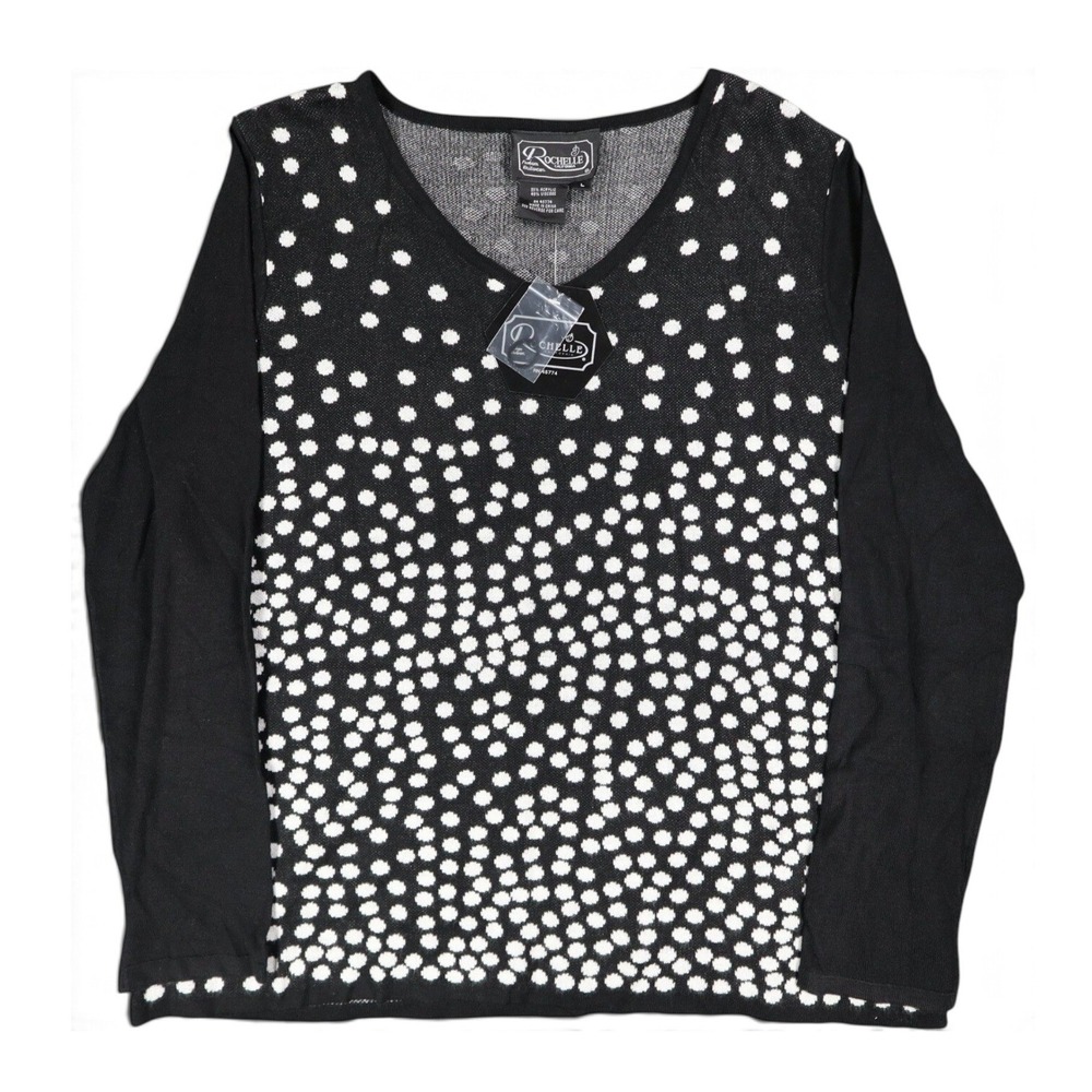 Rochelle California Womens L Black White Polka Dot V Neck Sweater Deadstock NOS